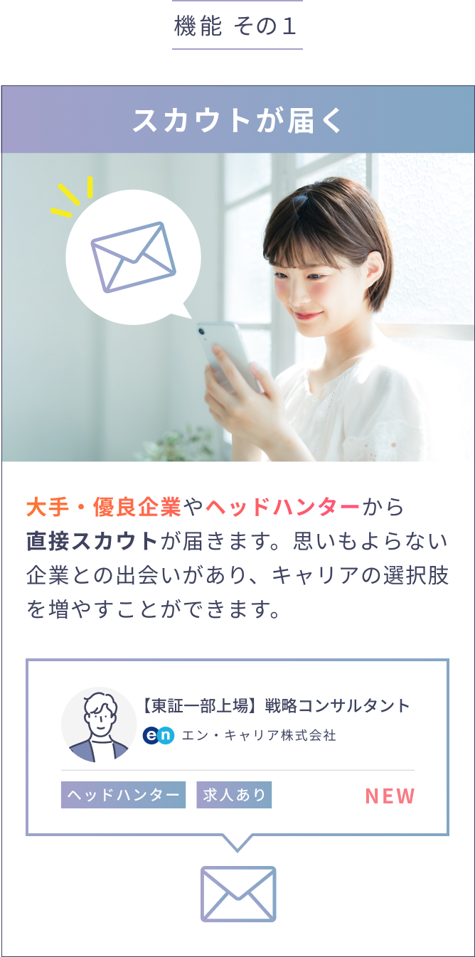 大手・優良企業やヘッドハンターから直接スカウトが届きます。思いもよらない企業との出会いがあり、キャリアの選択肢を増やすことができます。